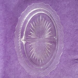 Vintage Clear Glass Divided Plate, Sunburst Herringbone Pattern Depression Glass